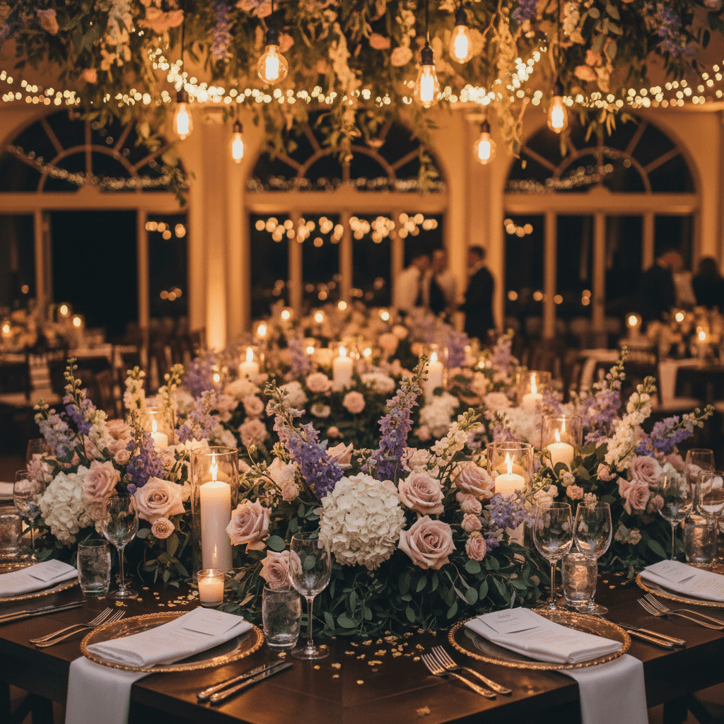 Wedding reception table with abundant floral centerpieces