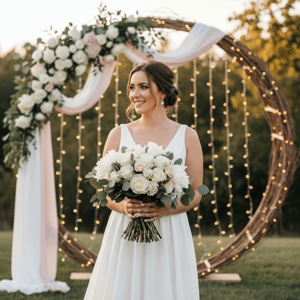 Bride holding a bouquet with wedding arch in background