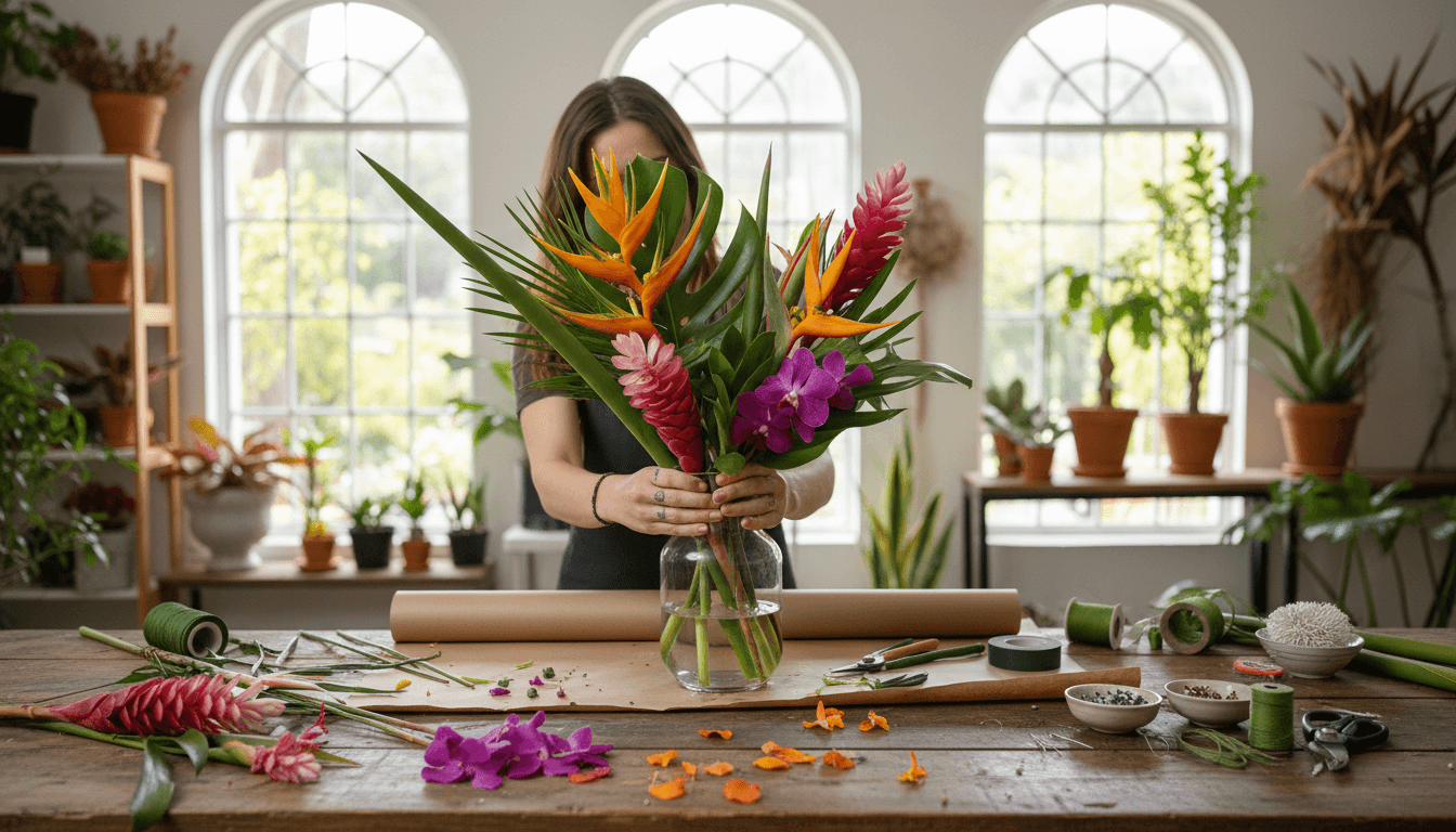 Florist arranging custom tropical stems