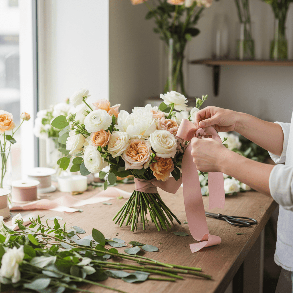 Florist's hands tying a ribbon around a custom bouquet