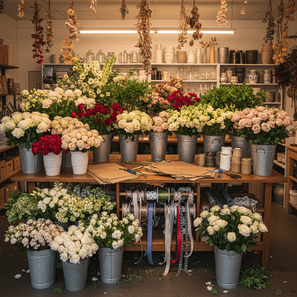 Flower shop workspace with buckets of fresh blooms and wrapping station
