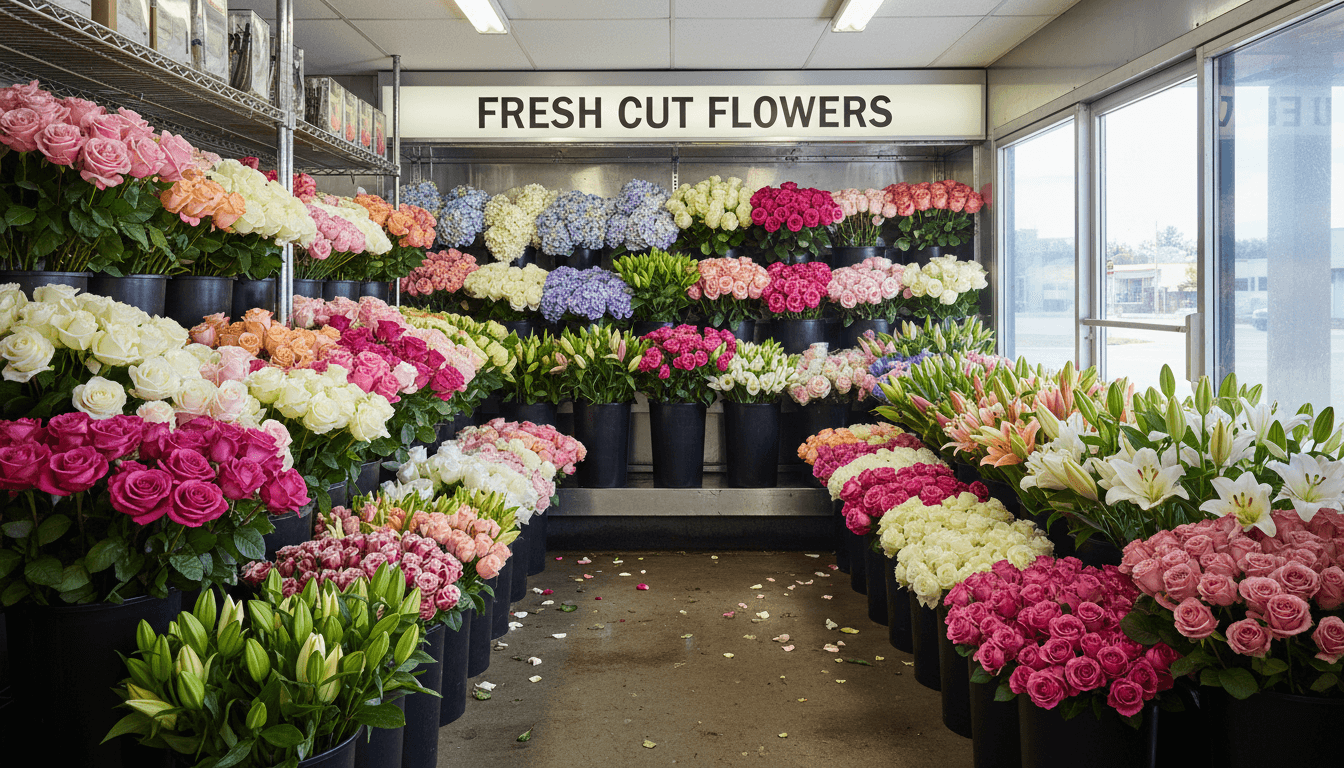 Walk-in cooler stocked with wholesale flower buckets