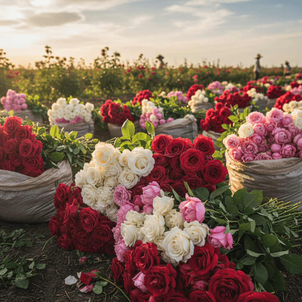 Close-up of freshly harvested roses in a flower field at dawn