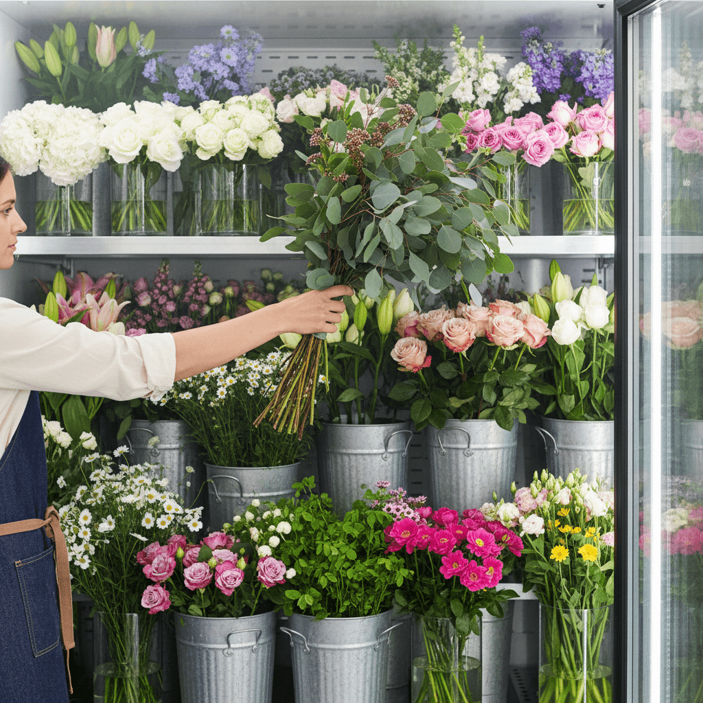 Florist reaching for fresh greenery in a cooler bucket of stems