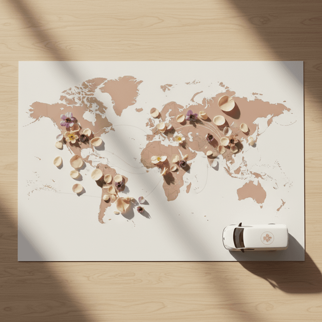 Map of Long Island with flower petals and a small delivery van
