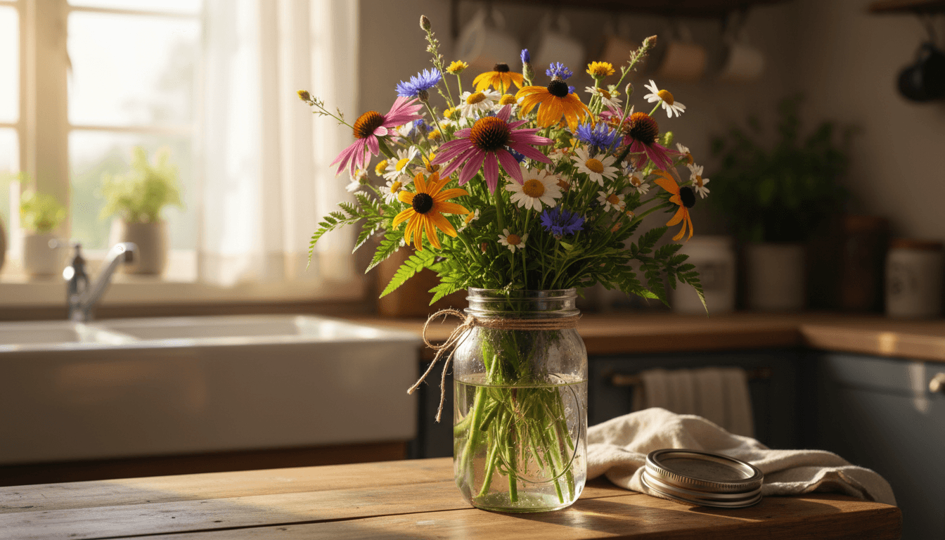 Mixed wildflower bouquet in mason jar