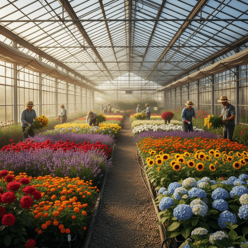 Rows of colorful flowers being harvested in a greenhouse