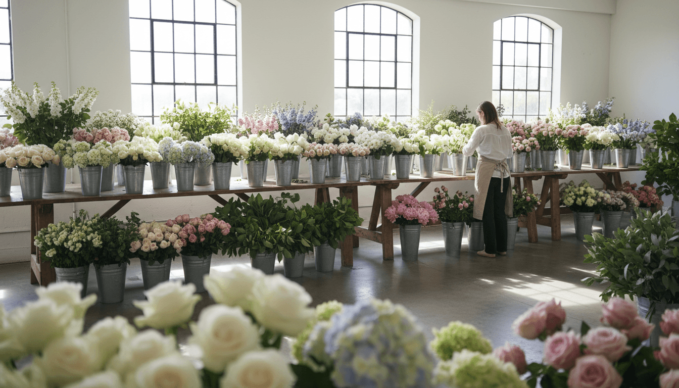 Wholesale flower buckets arranged on long tables in a bright West Babylon warehouse
