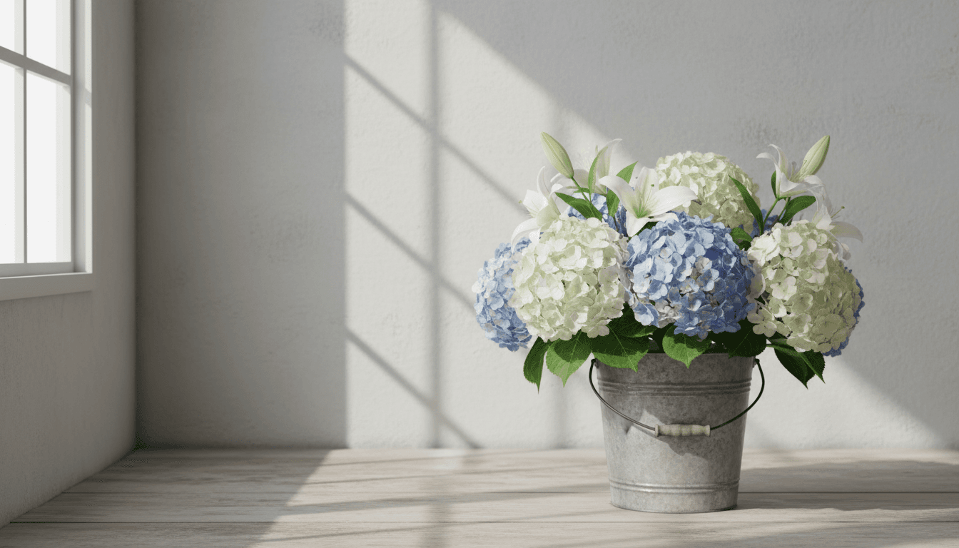 White and blue hydrangeas with lilies