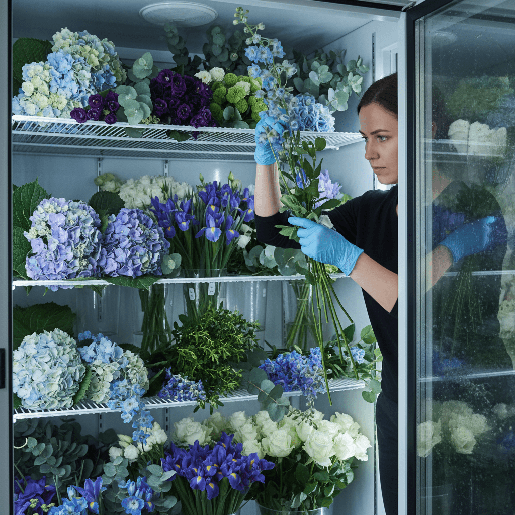 Florist inspecting fresh stems in a cooler