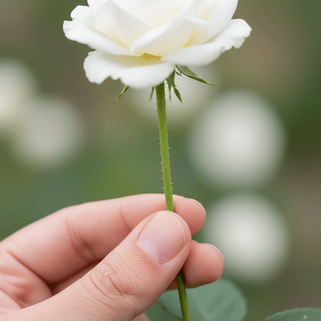 Single white rose stem held between fingers