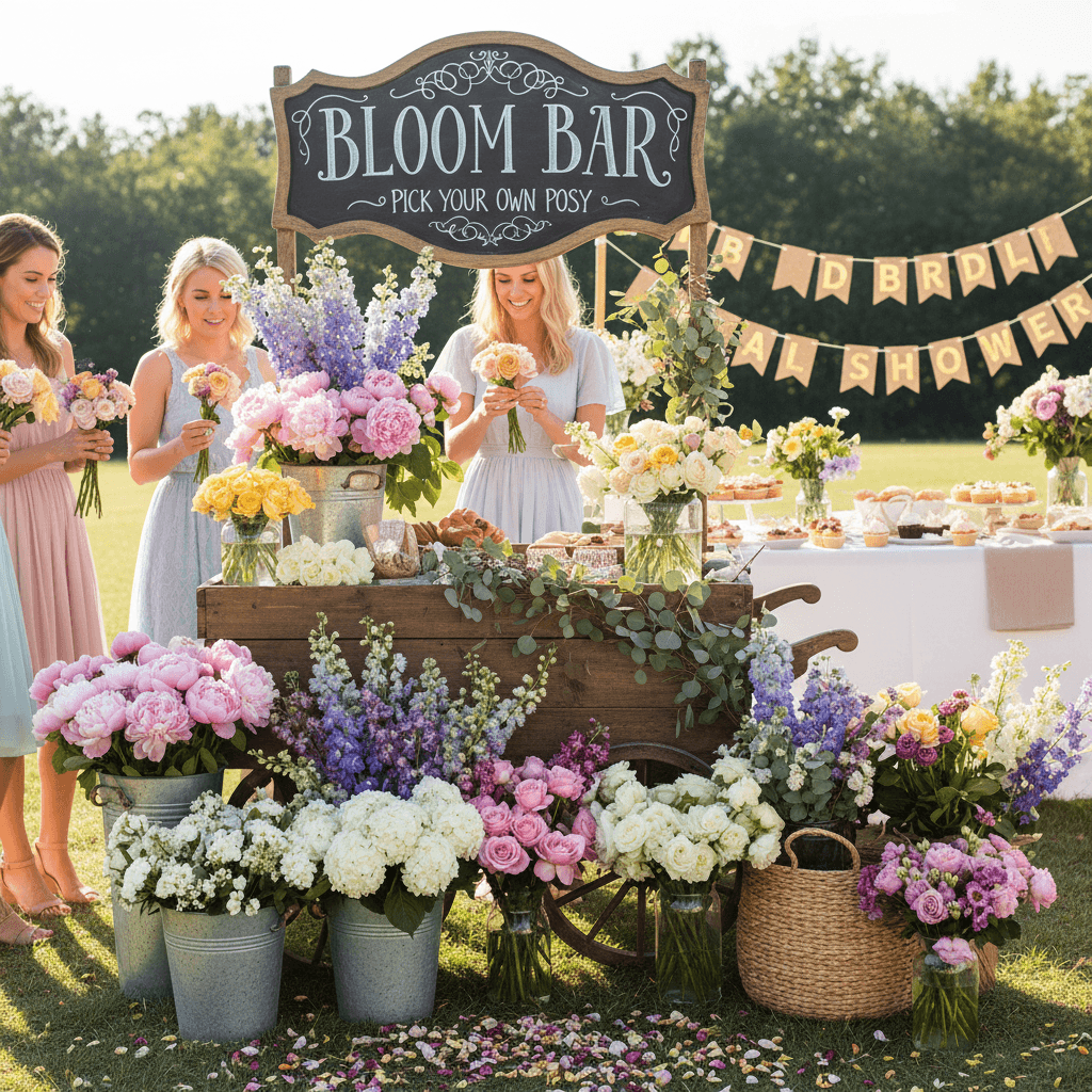 Guests making bouquets at a bloom bar station