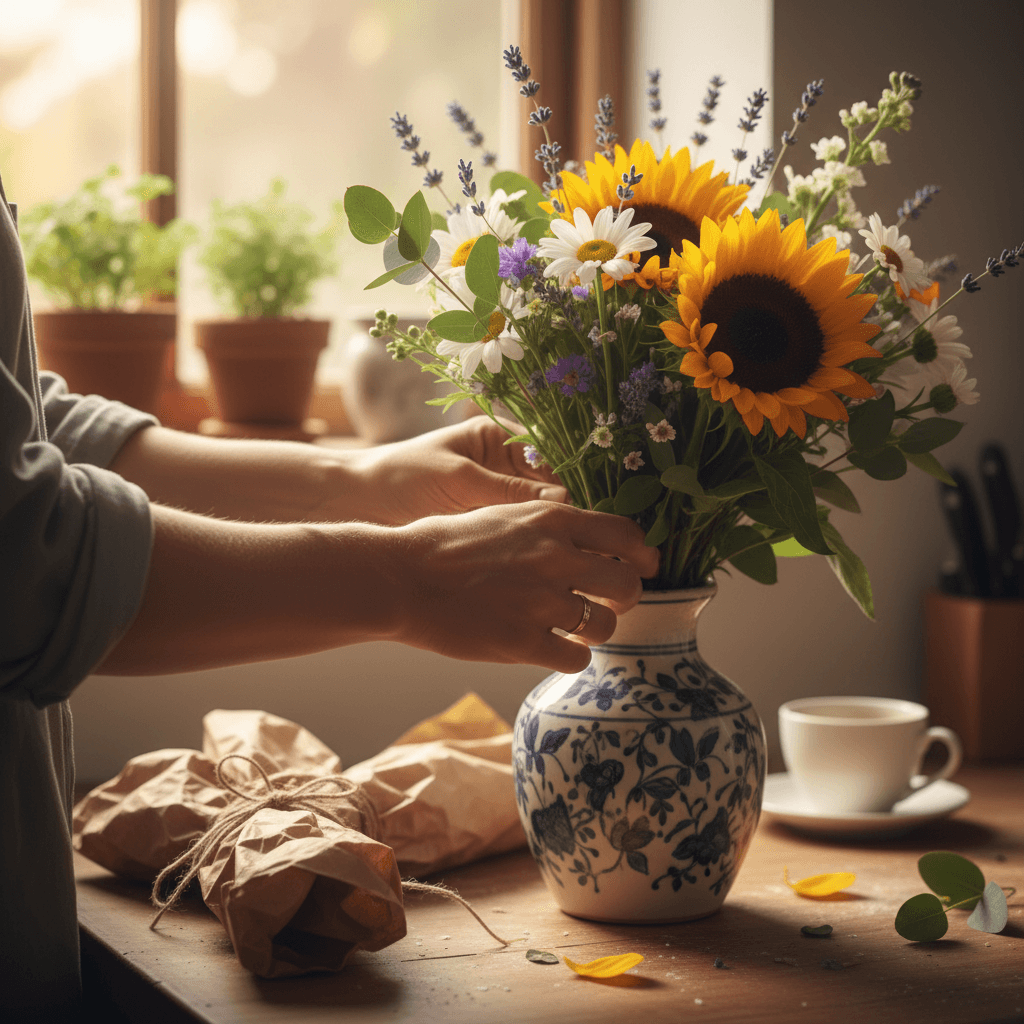 Close-up of hands placing flower bouquet in a vase