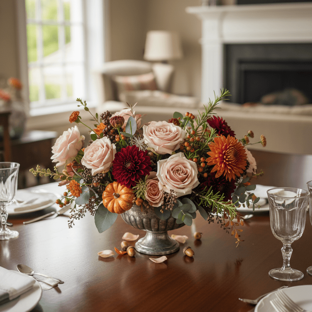 Finished centerpiece arrangement with roses and seasonal accents on a table