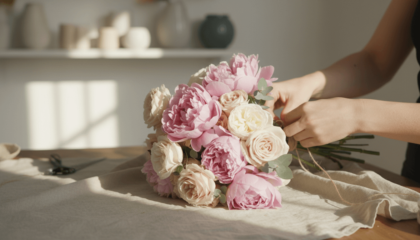 Florist wrapping a custom bouquet in the studio