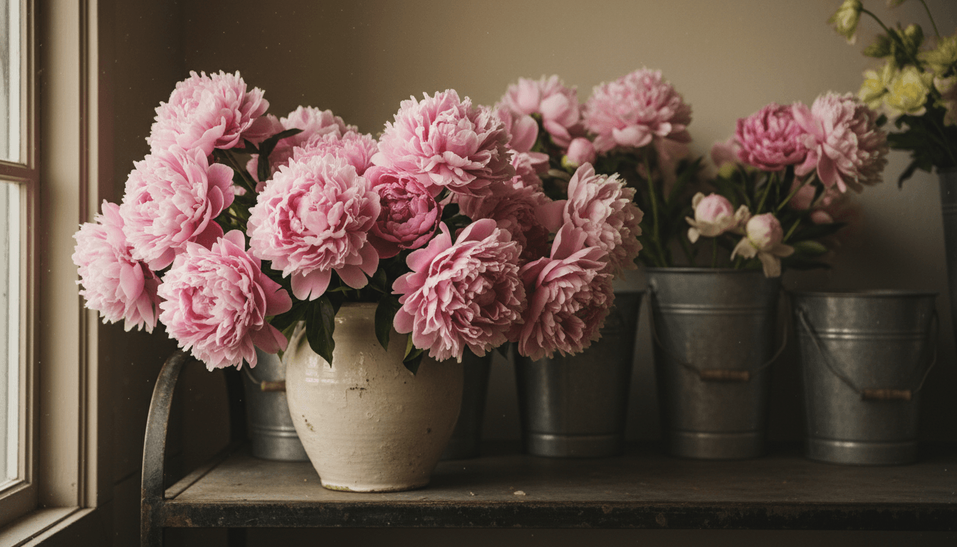 Pink peonies in full bloom in a vase