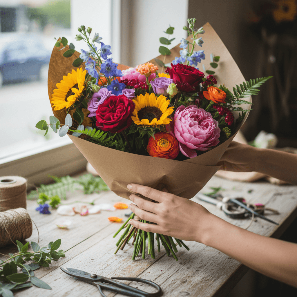 Florist wrapping a custom bouquet in kraft paper on a workbench