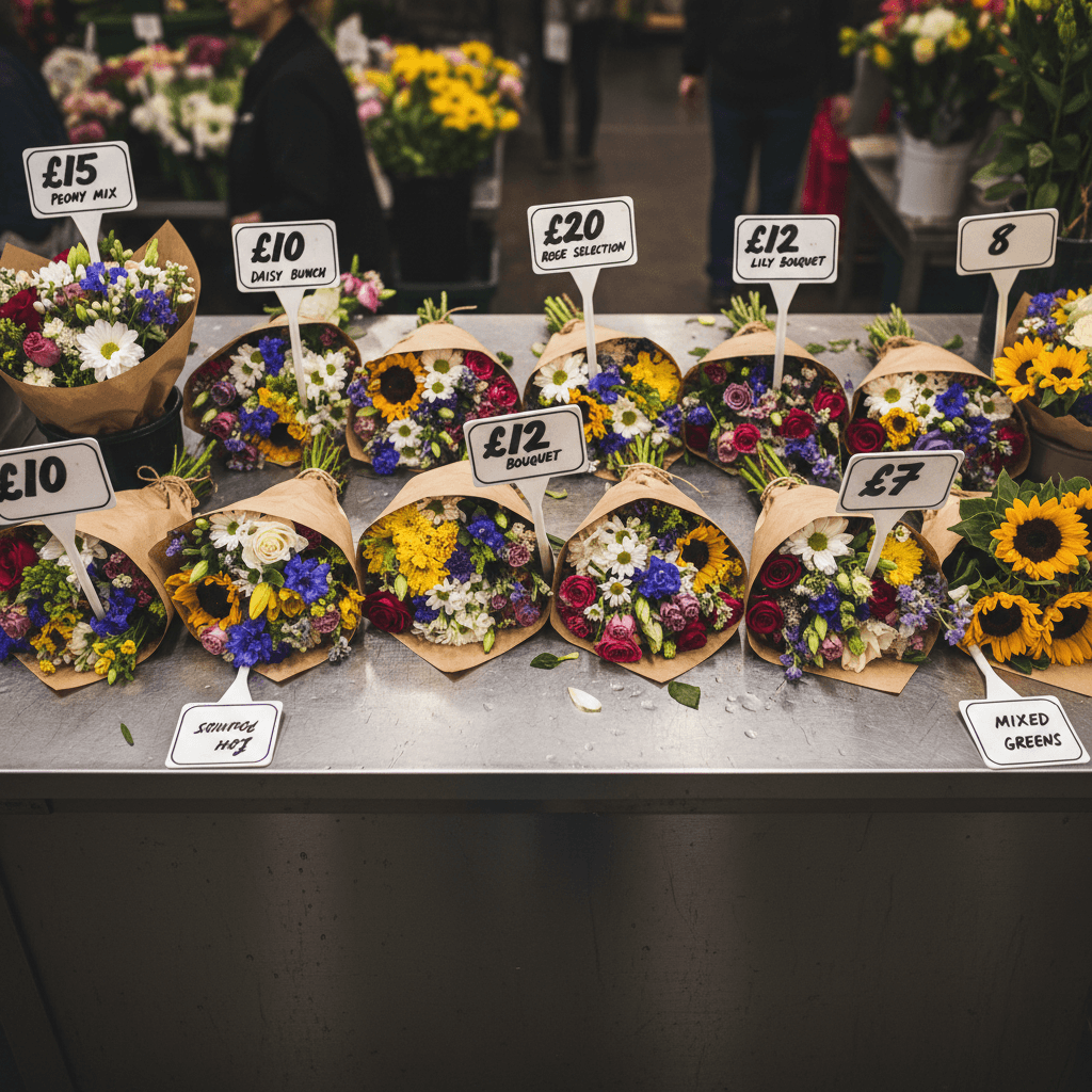 Flower bunches laid out on a metal counter