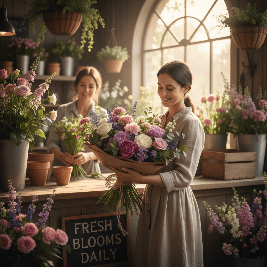 Customer holding a bouquet at a flower market counter