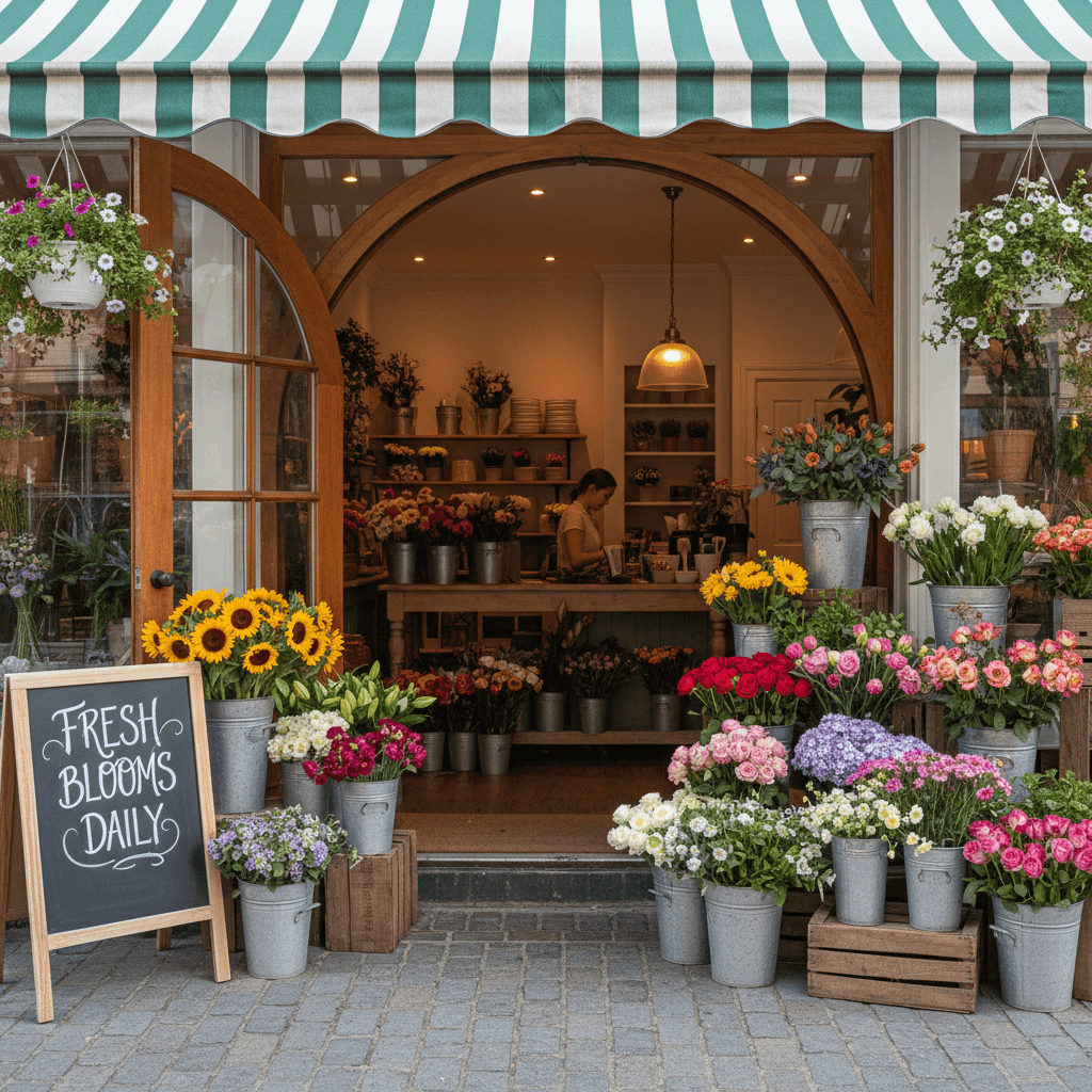 Bright flower shop entrance with buckets of blooms by the door