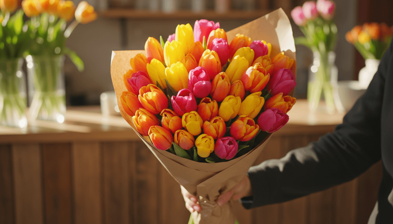 Bunch of colorful tulips in kraft paper