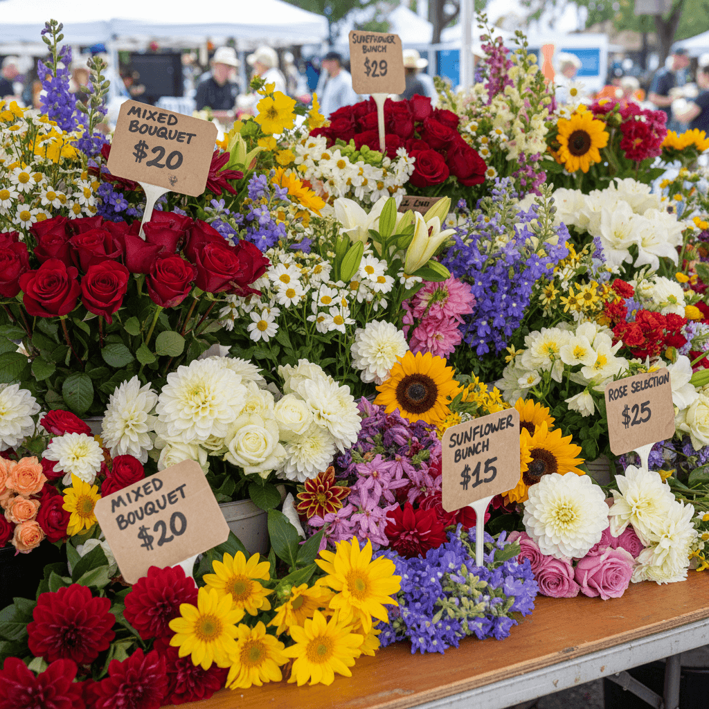 Bundles of assorted flowers with price tags on a wholesale market table