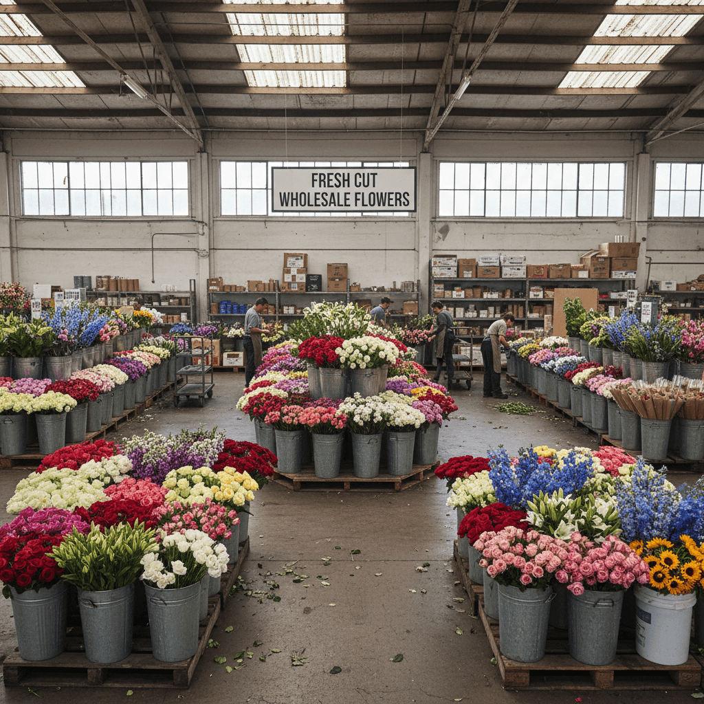 Wholesale flower warehouse with buckets of stems