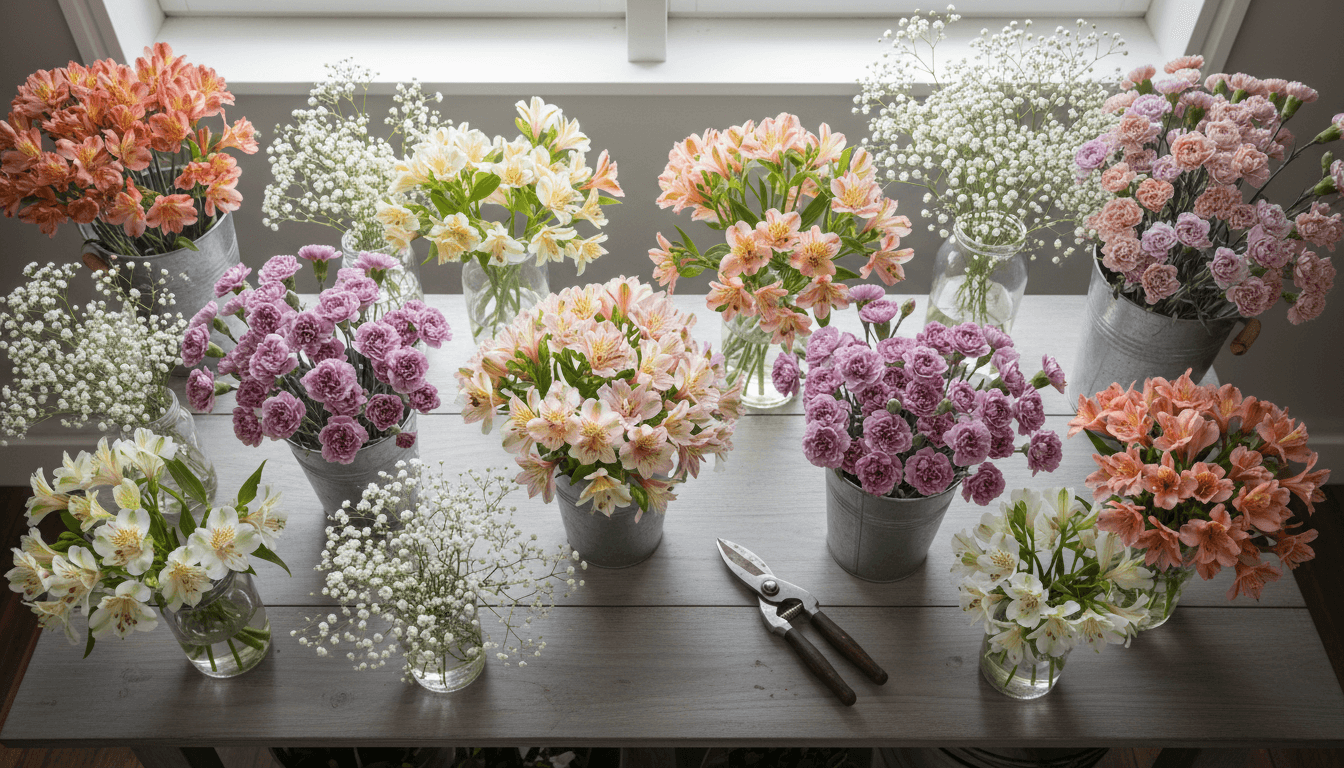 Alstroemeria and carnations in buckets on worktable