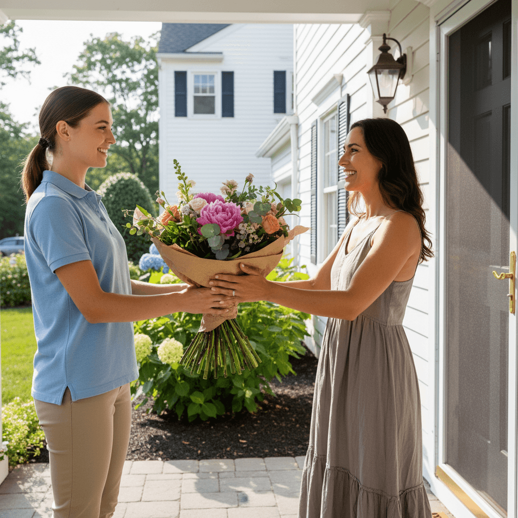 Delivery person handing a wrapped flower bouquet to a customer at a front door