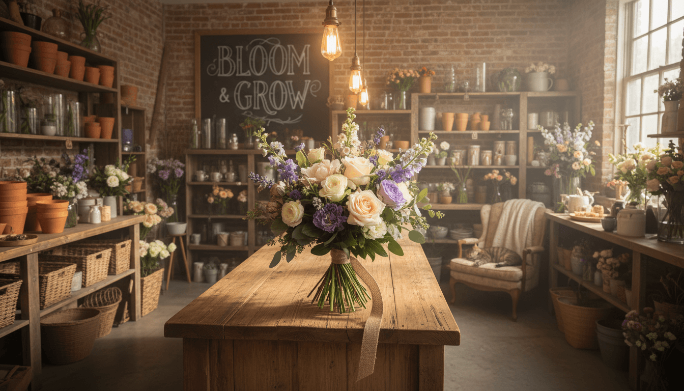 Vibrant bouquet of mixed flowers on a wooden table in a bright floral studio