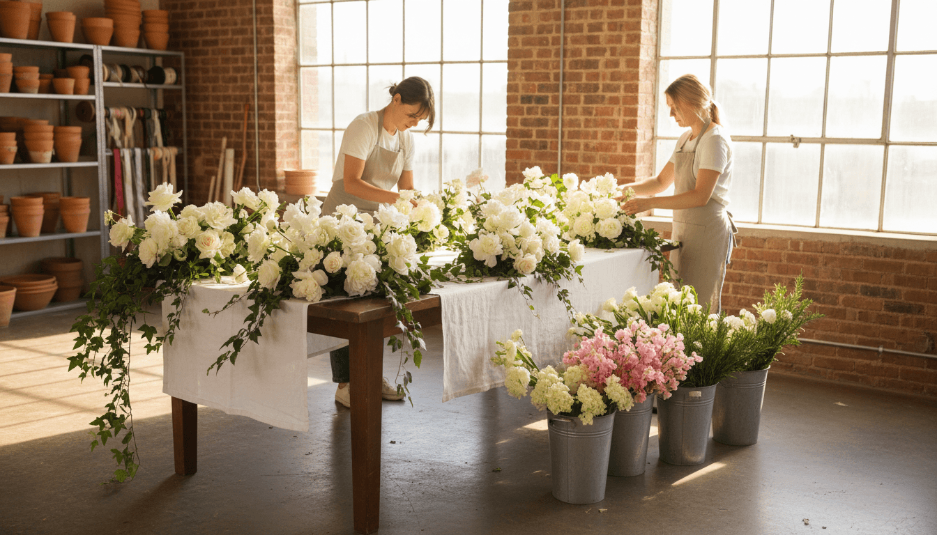 Bulk wedding flowers arranged in a workshop