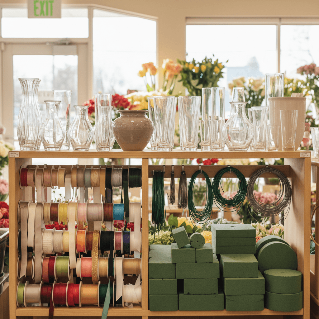 Shelves stocked with vases, ribbon rolls, wire, and floral foam