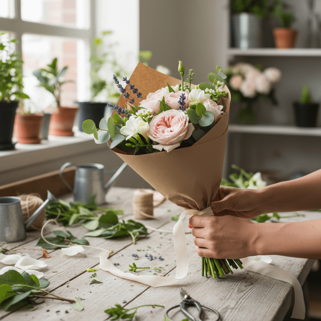 Florist wrapping a small bouquet of mixed flowers