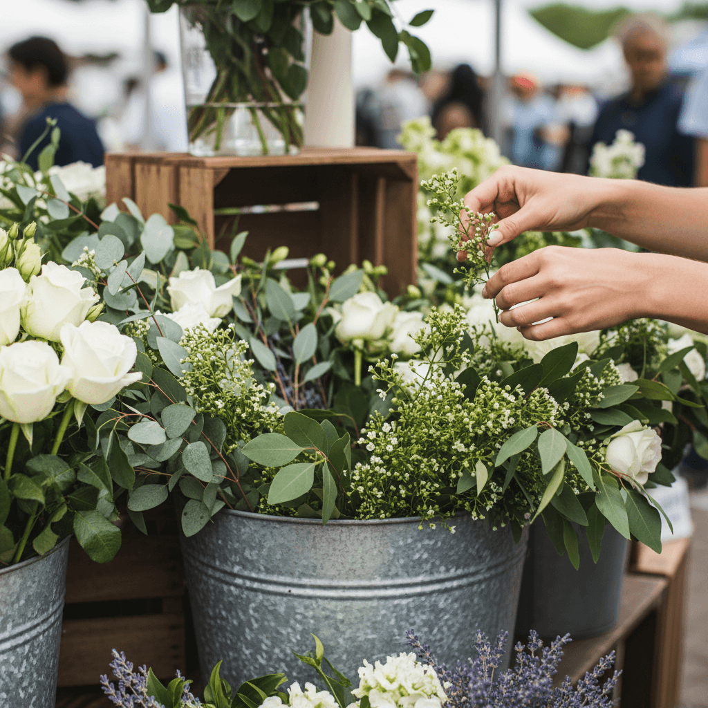 Person selecting stems from a large bucket of flowers