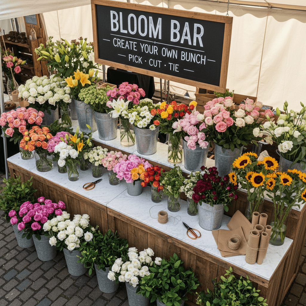 Overhead view of an open flower bar with buckets of assorted stems and vases