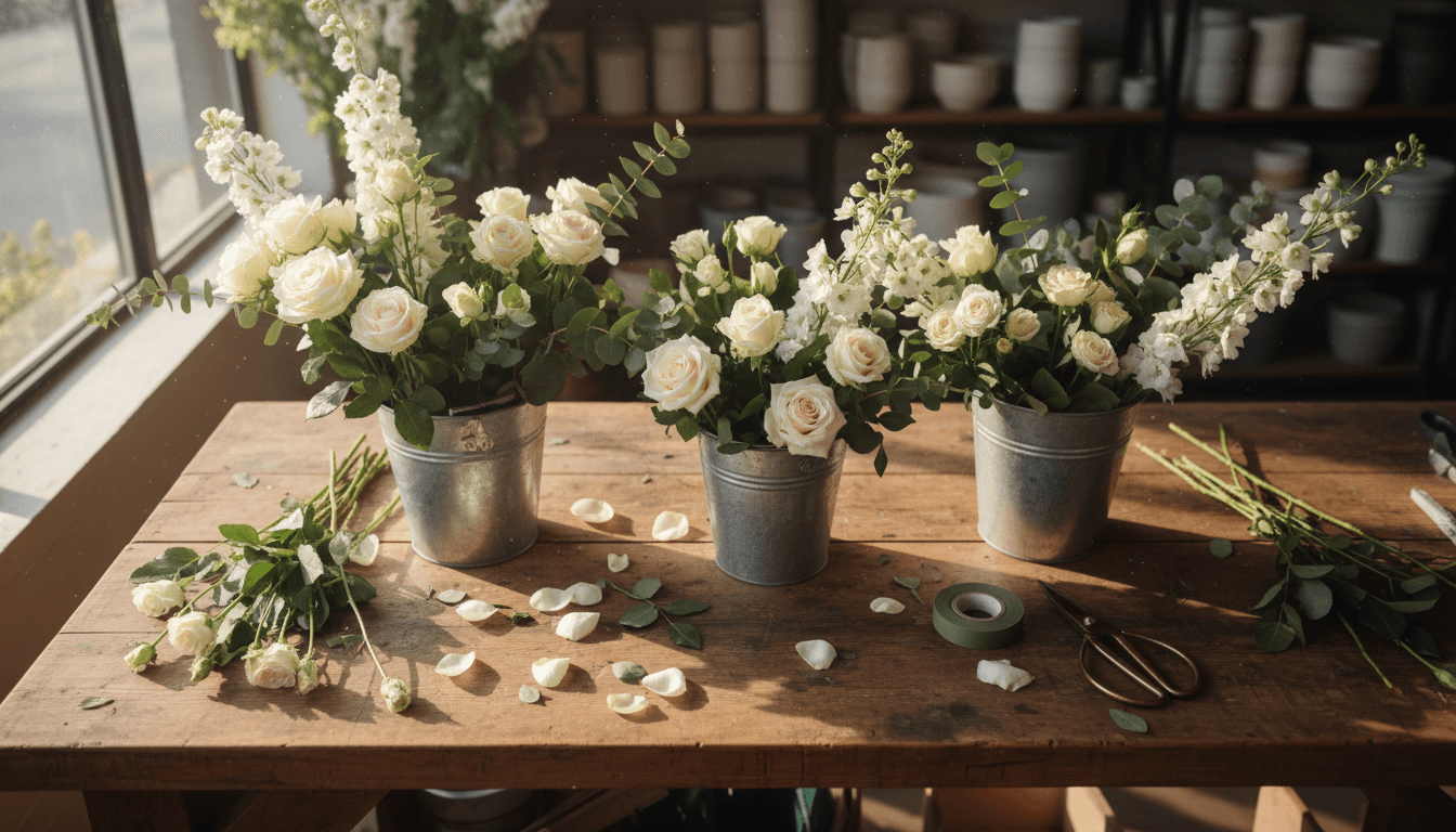 Fresh flower stems being prepared for arrangements
