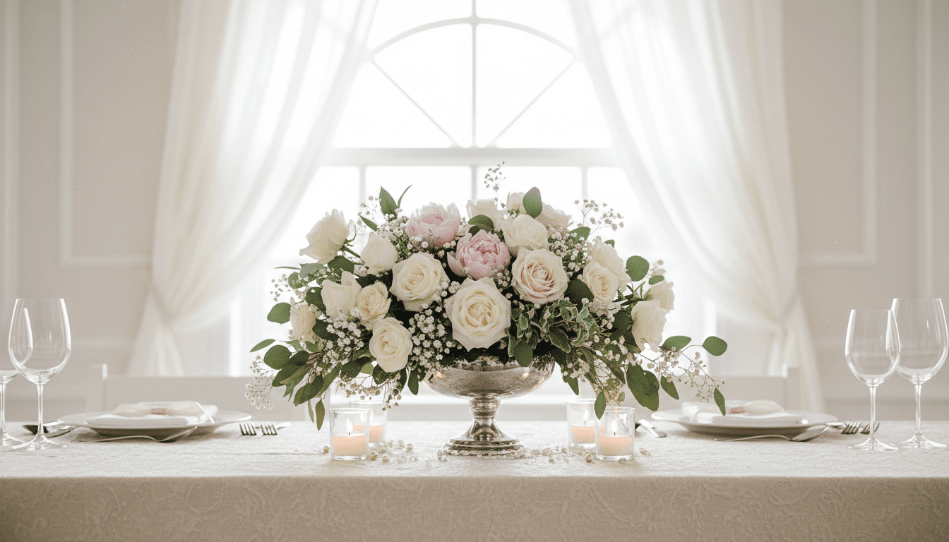 White and blush wedding centerpiece