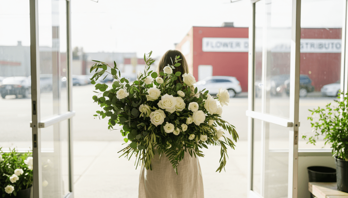 Event planner carrying fresh flowers from wholesale shop
