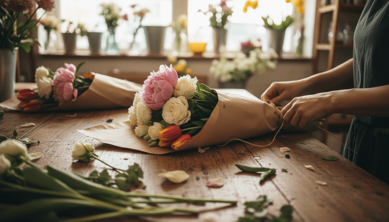 Florist hands wrapping a fresh wholesale bouquet