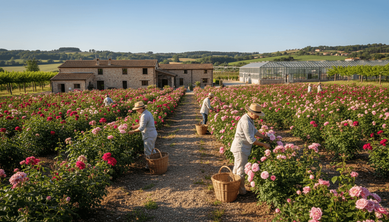 Expansive rose field in full bloom with workers harvesting during golden afternoon light and clear sky