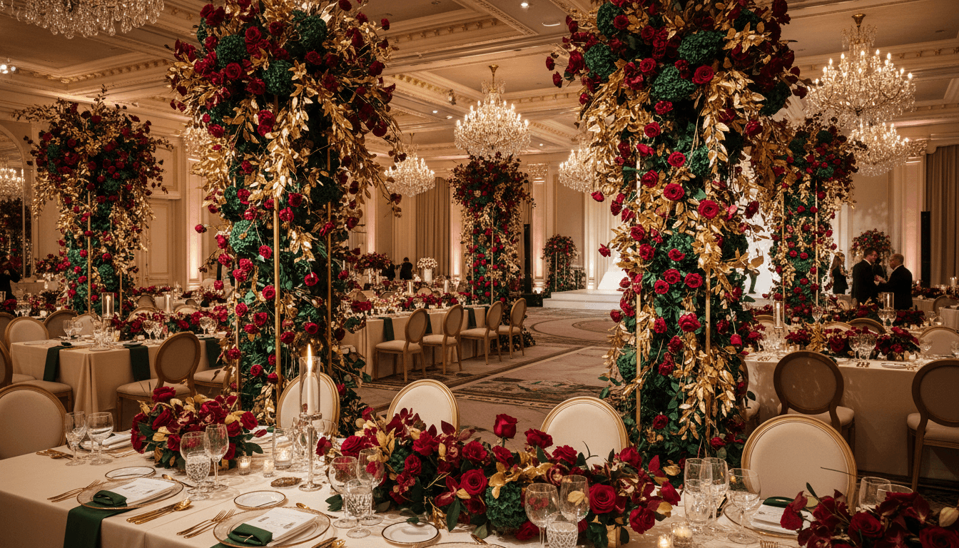 Elegant event venue decorated with tall floral displays, table centerpieces, and cascading arrangements in jewel tones