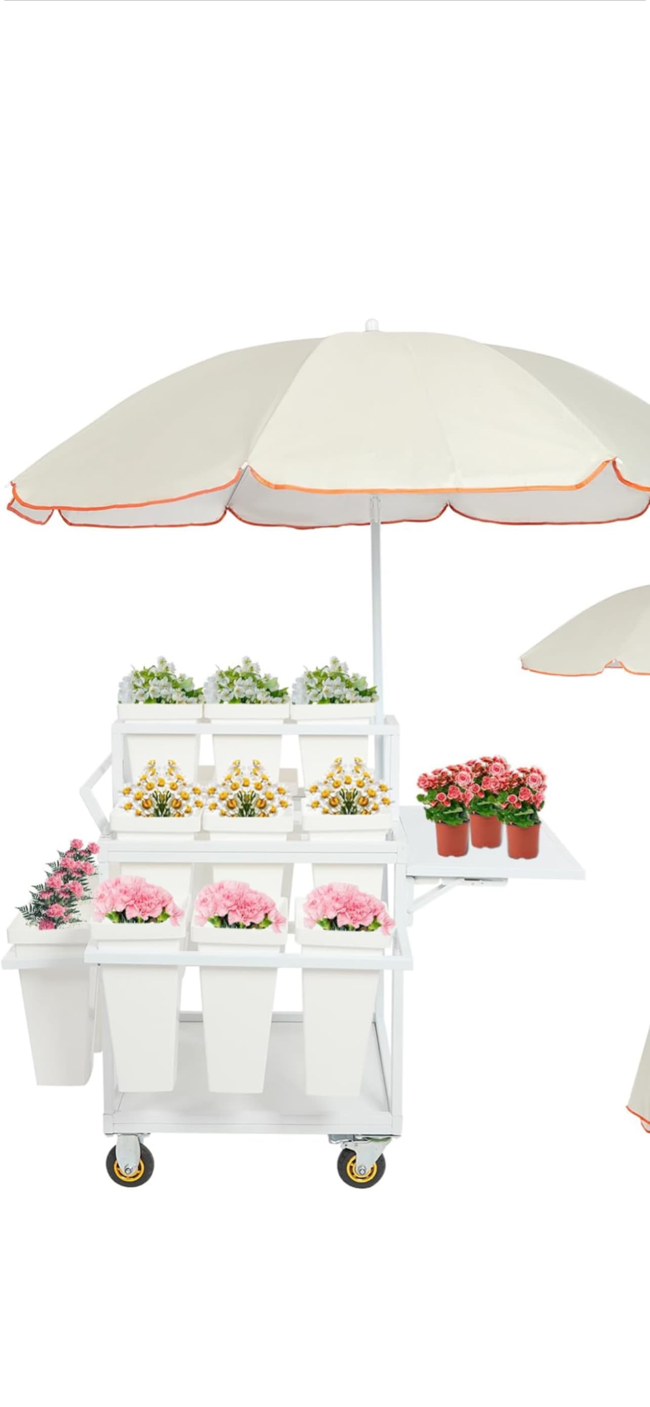 White tiered mobile flower cart holding colorful plants under a large white and orange umbrella.