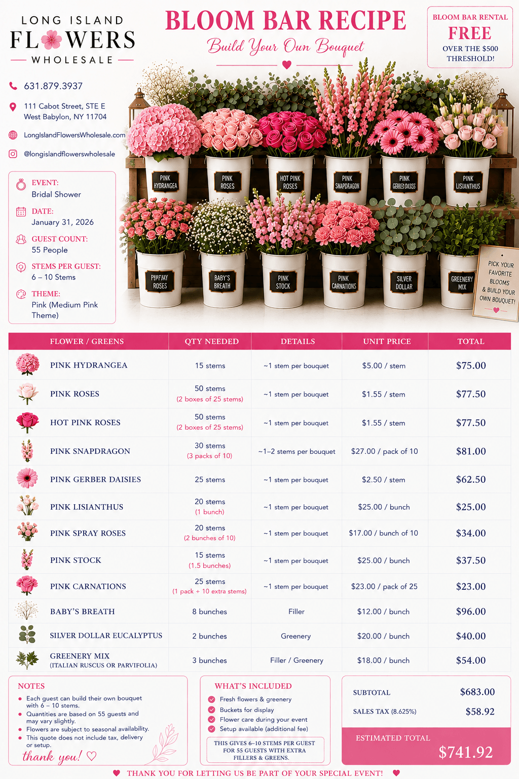Detailed Bloom Bar Recipe flyer featuring pink flowers in buckets and a comprehensive pricing table.