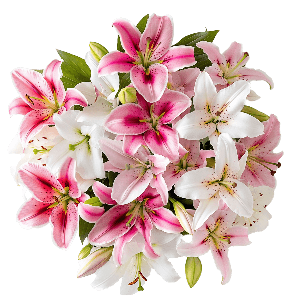 A lush bouquet of vibrant pink and white lilies with green leaves and unopened buds.