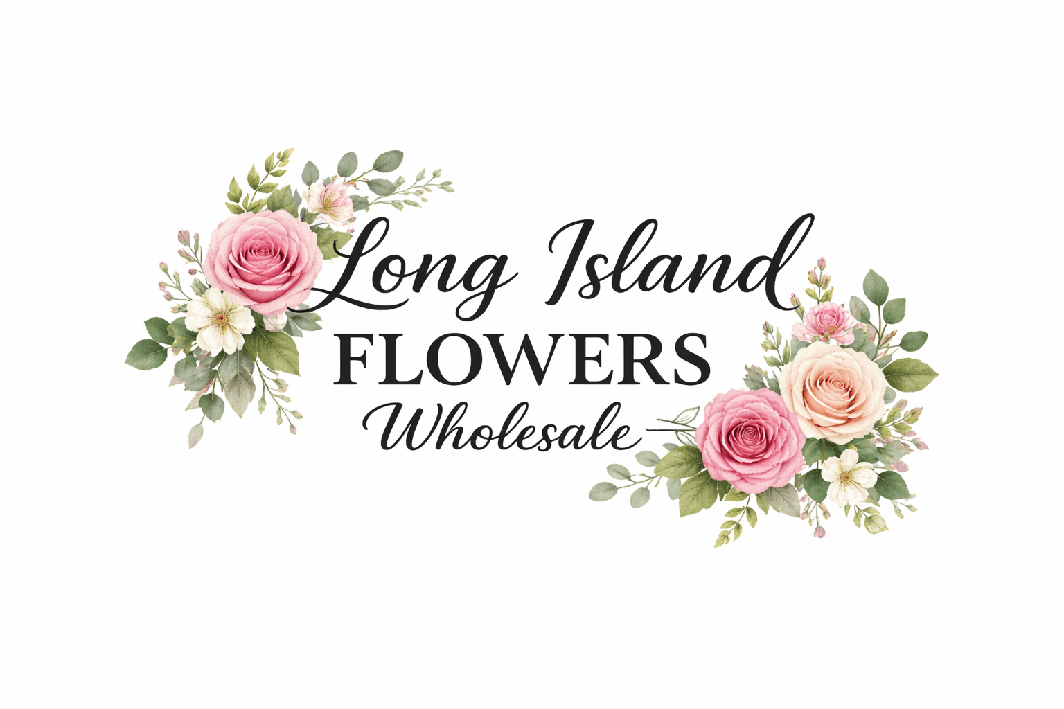 Long Island Flowers Wholesale logo featuring black typography and watercolor pink rose floral arrangements.