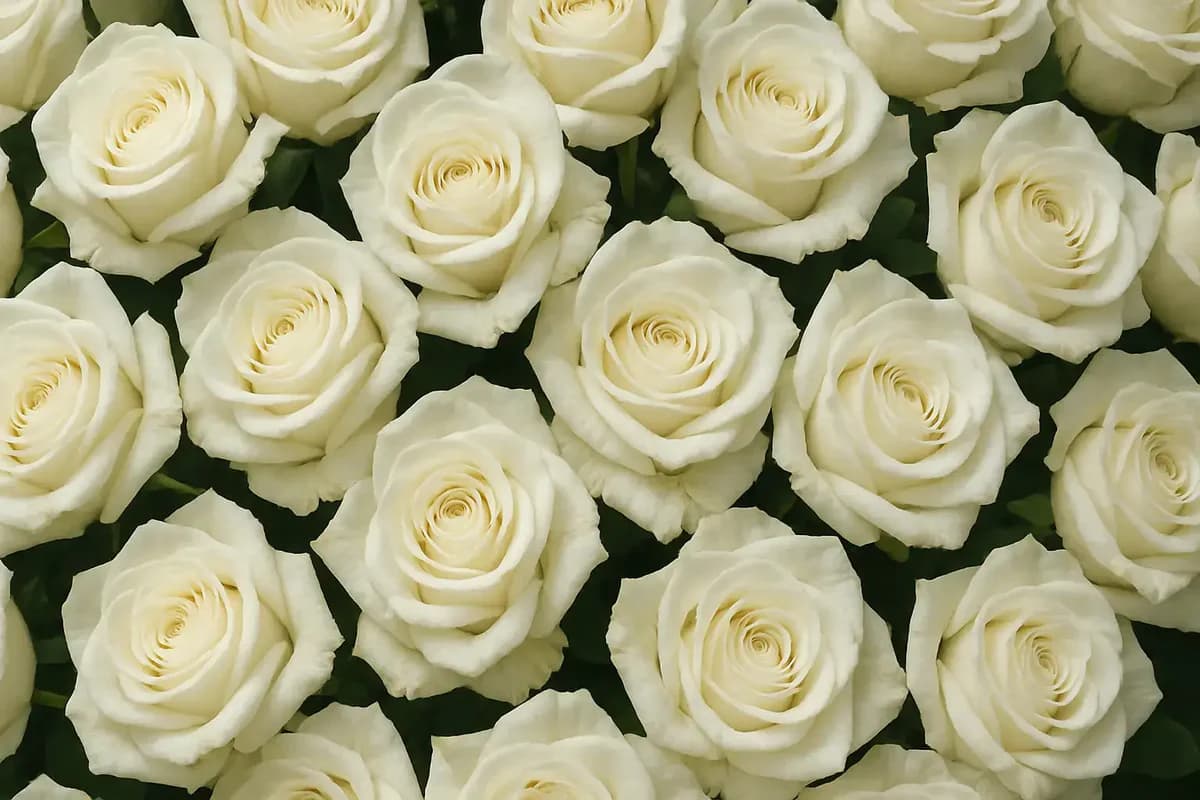 A dense cluster of blooming white roses with creamy petals and elegant spiral centers.